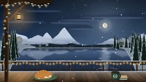 Terrasse au bord du lac, nuit, hiver